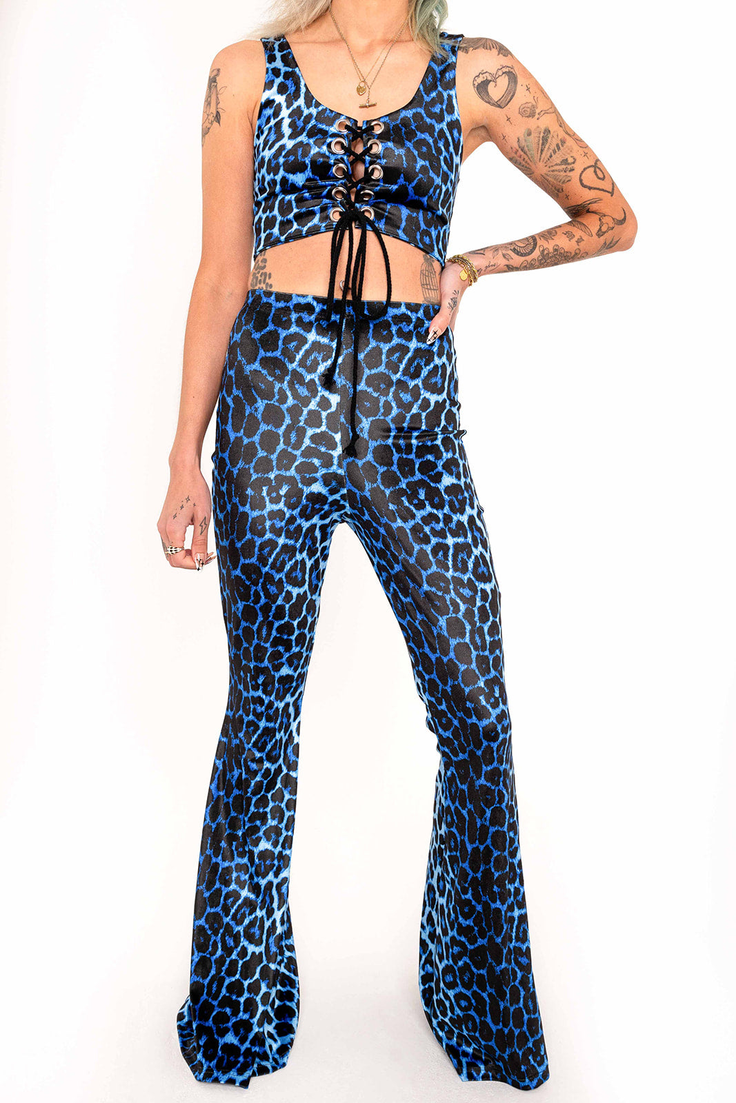Flared Trousers - Blue Leopard