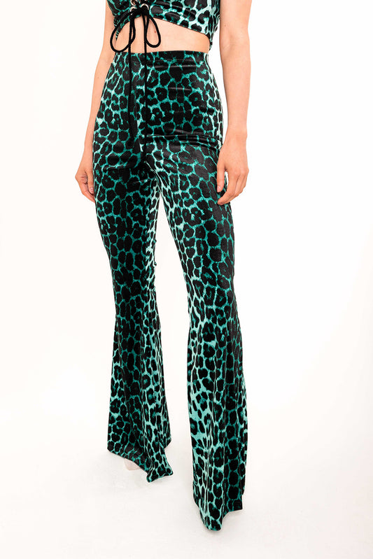 Flared Trousers - Green Leopard