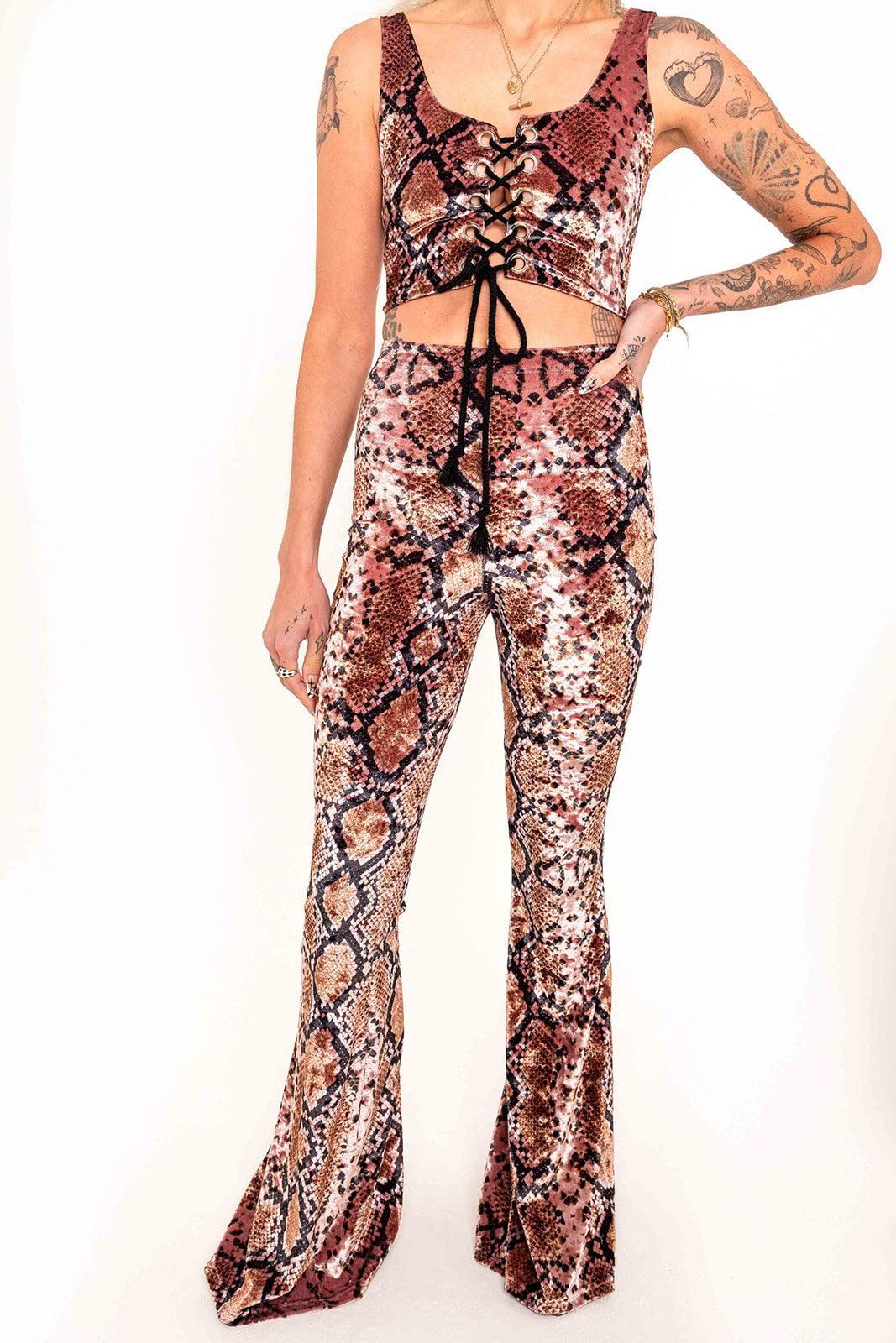 Flared Trousers - Crushed Velvet - Dusky Pink Serpent