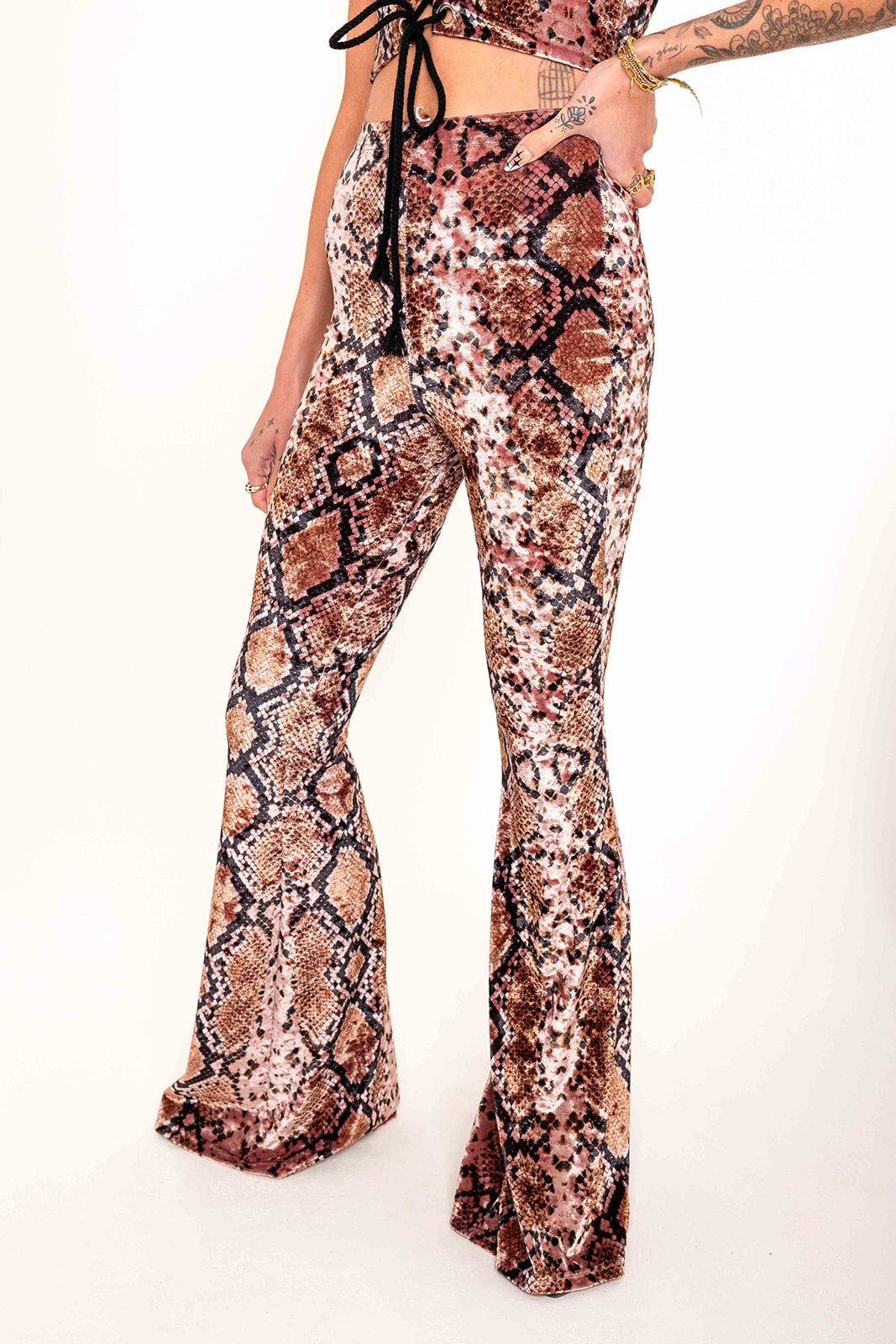 Flared Trousers - Crushed Velvet - Dusky Pink Serpent