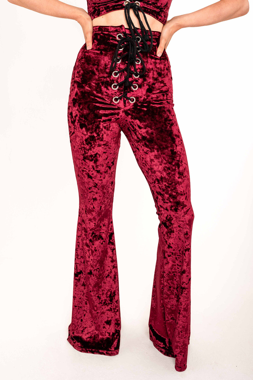 Stevie Flared Trousers - Crushed Velvet - Wine