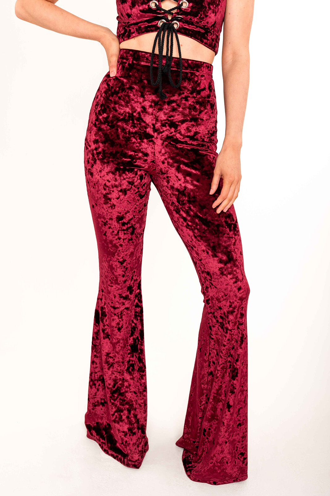 Flared Trousers - Crushed Velvet - Wine