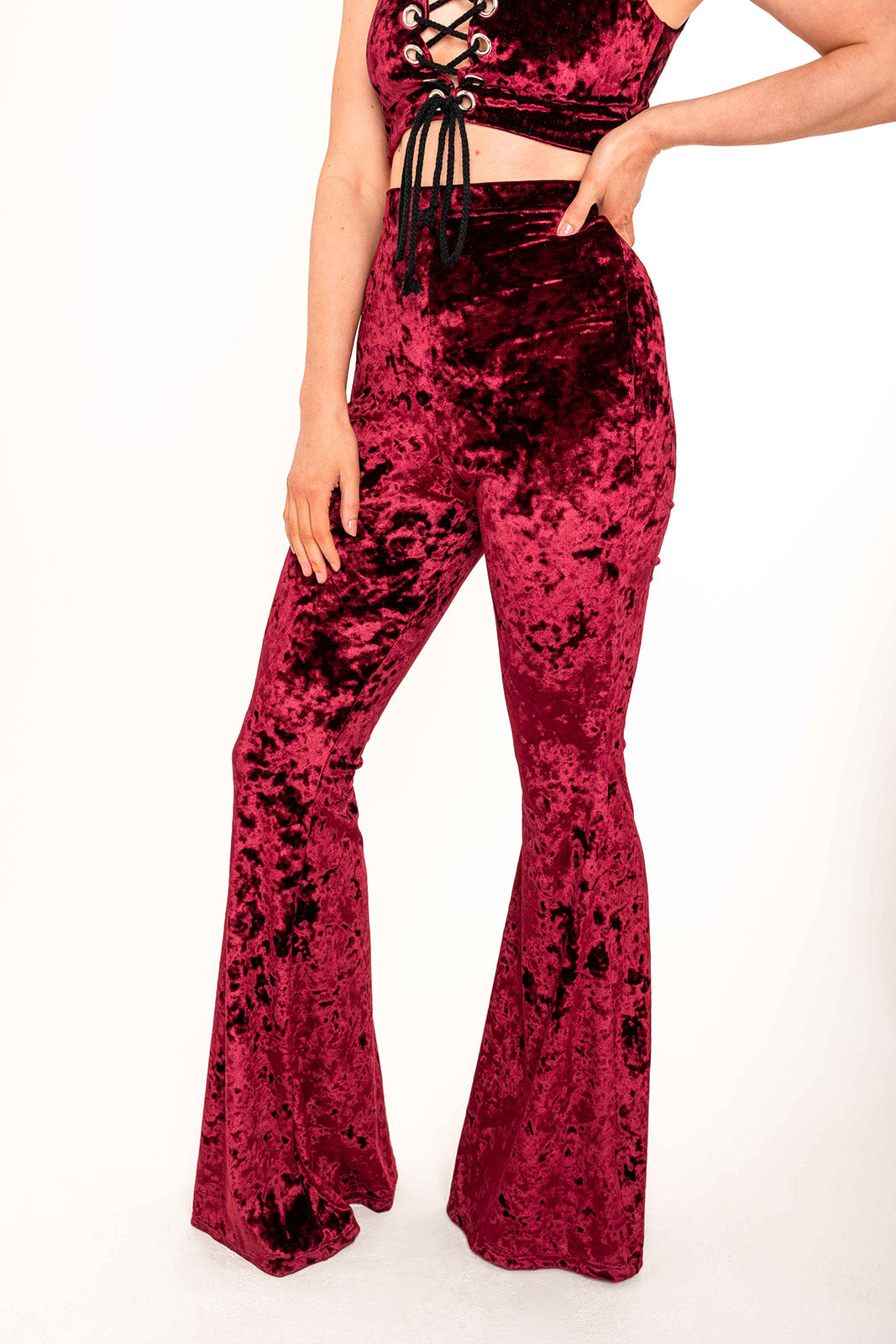 Flared Trousers - Crushed Velvet - Wine