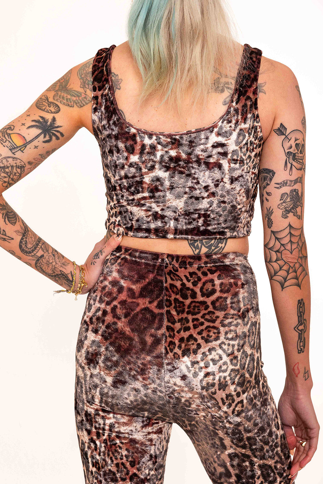 Stevie Flared Trousers - Crushed Velvet - Dusky Pink Leopard