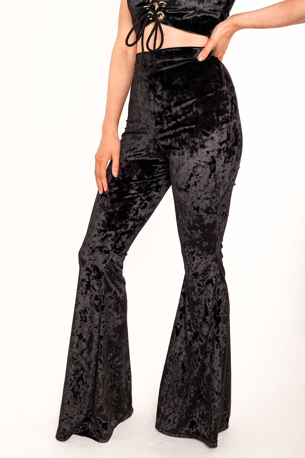 Flared Trousers - Crushed Velvet - Black
