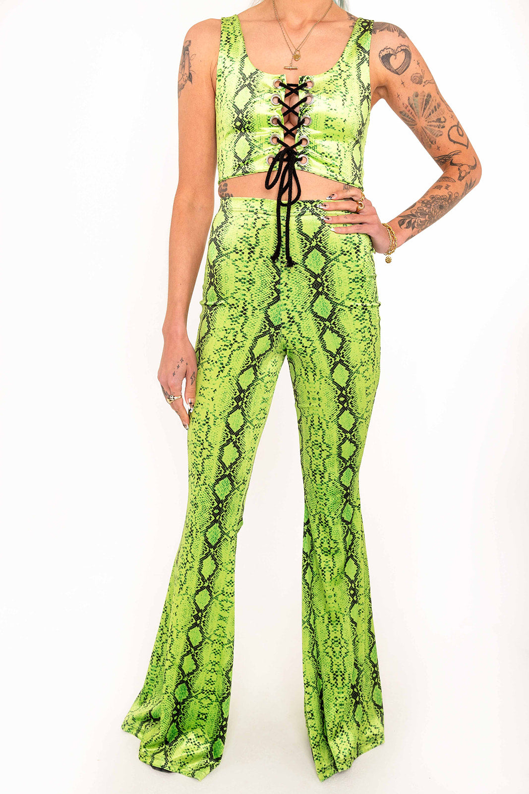 Flared Trousers - Lime Serpent