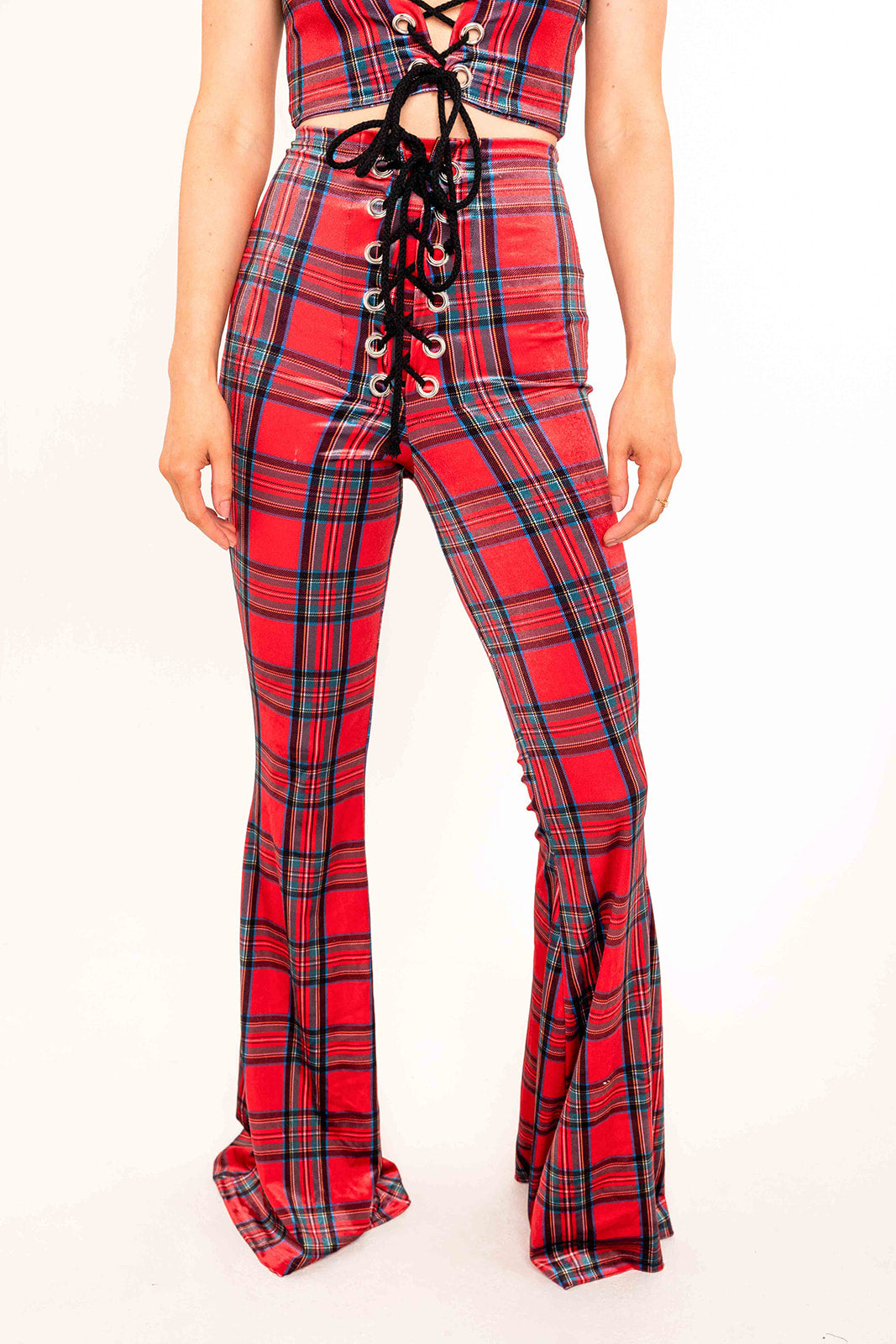 Stevie Flared Trousers - Tartan - Red
