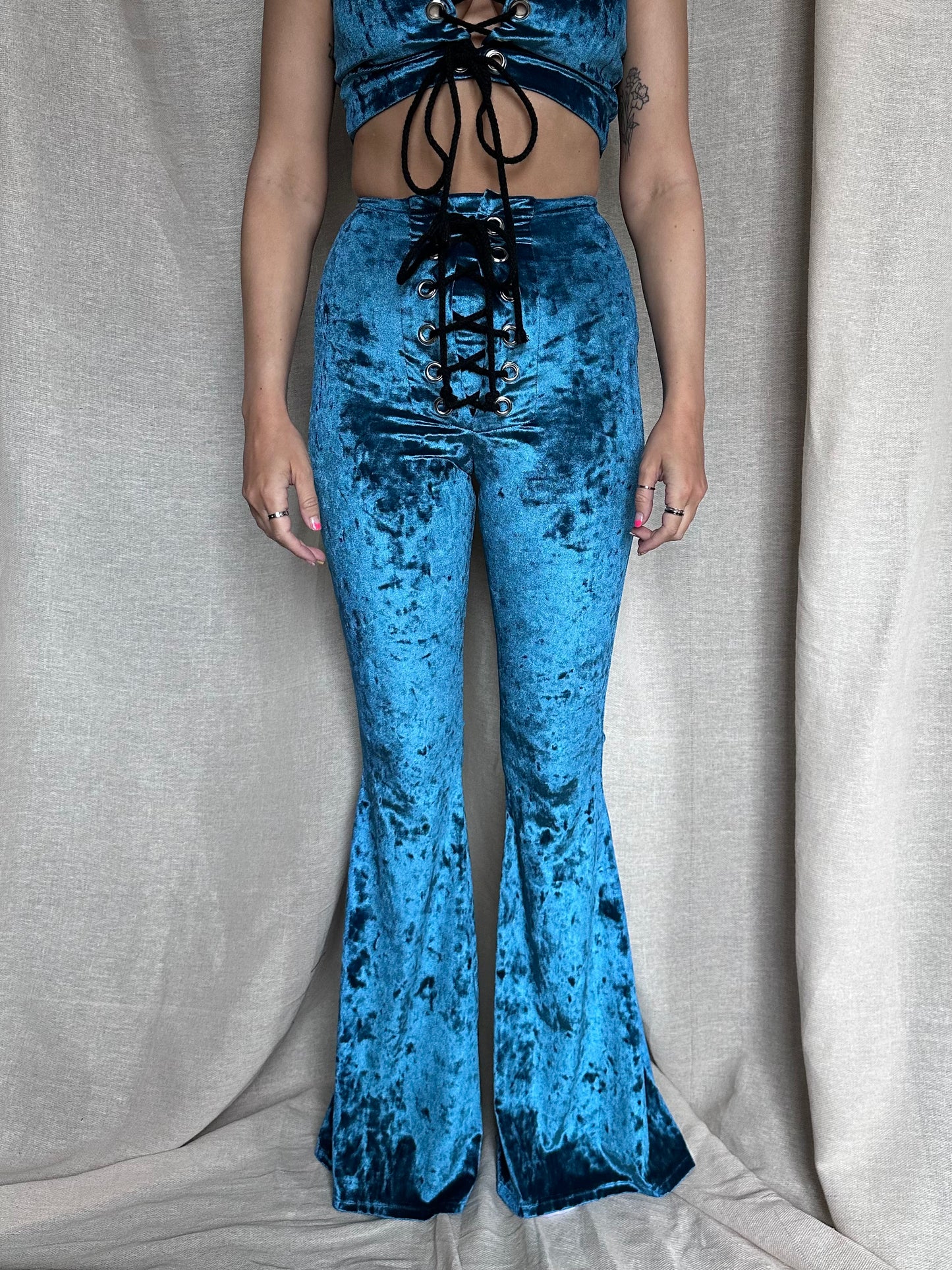 Stevie Flared Trousers - Crushed Velvet - Teal