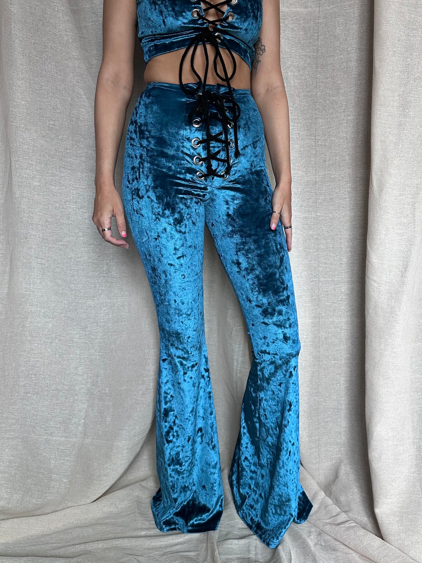 Stevie Flared Trousers - Crushed Velvet - Teal