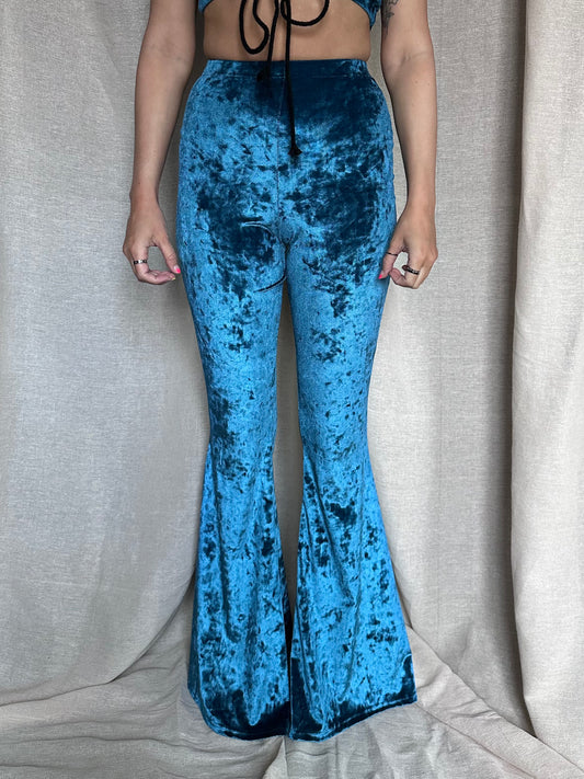 Flared Trousers - Crushed Velvet - Teal