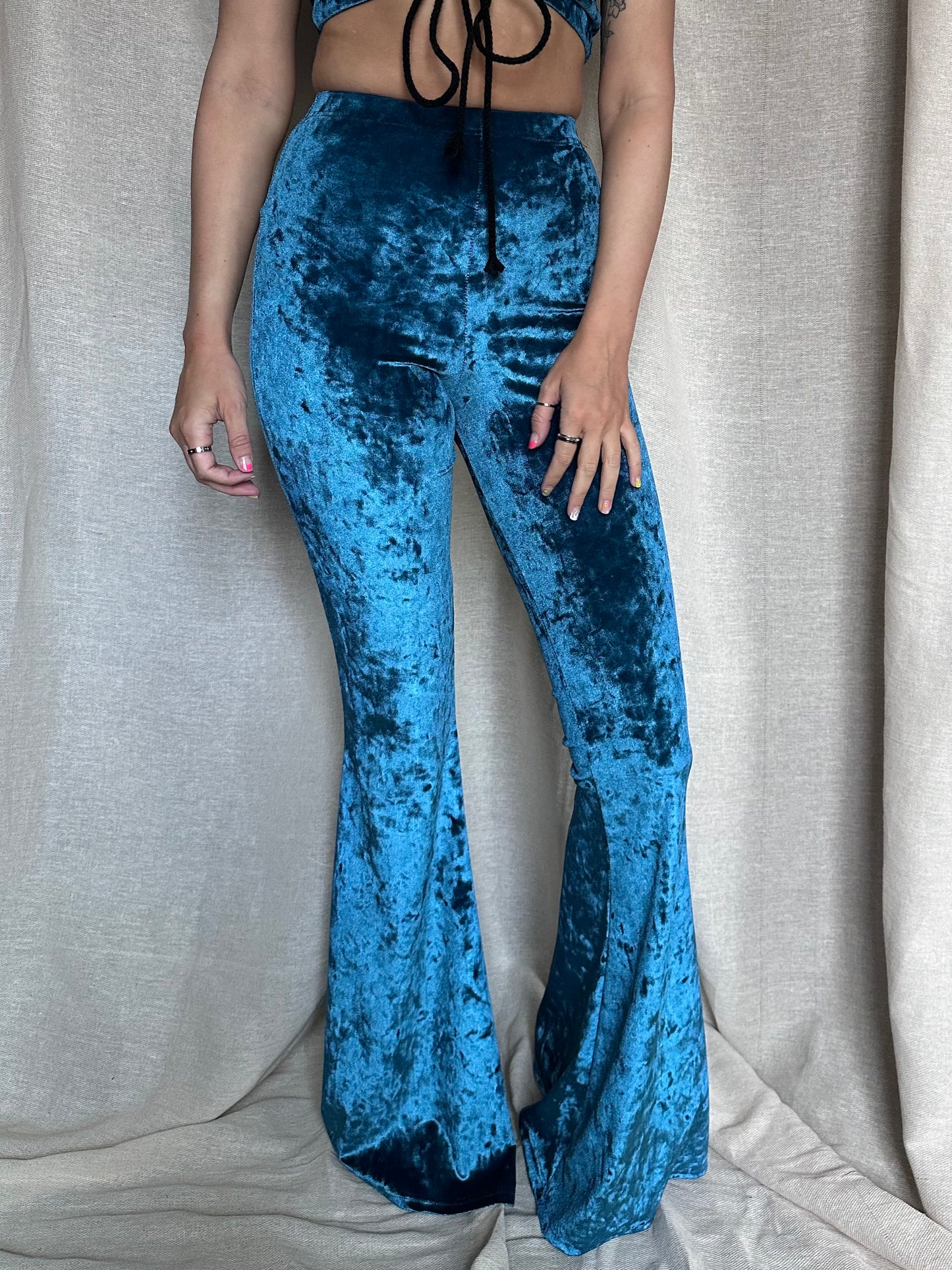 Flared Trousers - Crushed Velvet - Teal