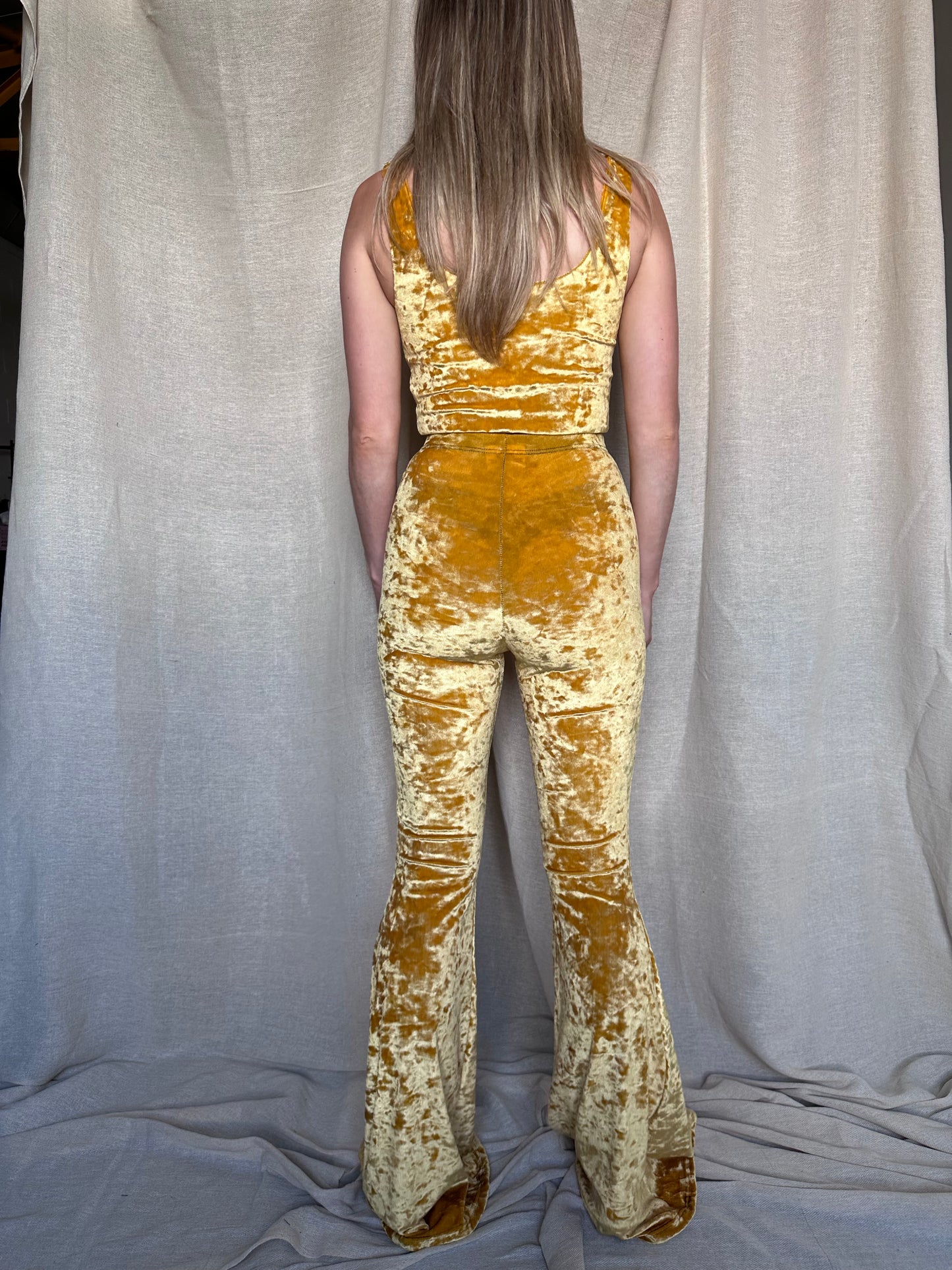 Flared Trousers - Crushed Velvet - Mustard