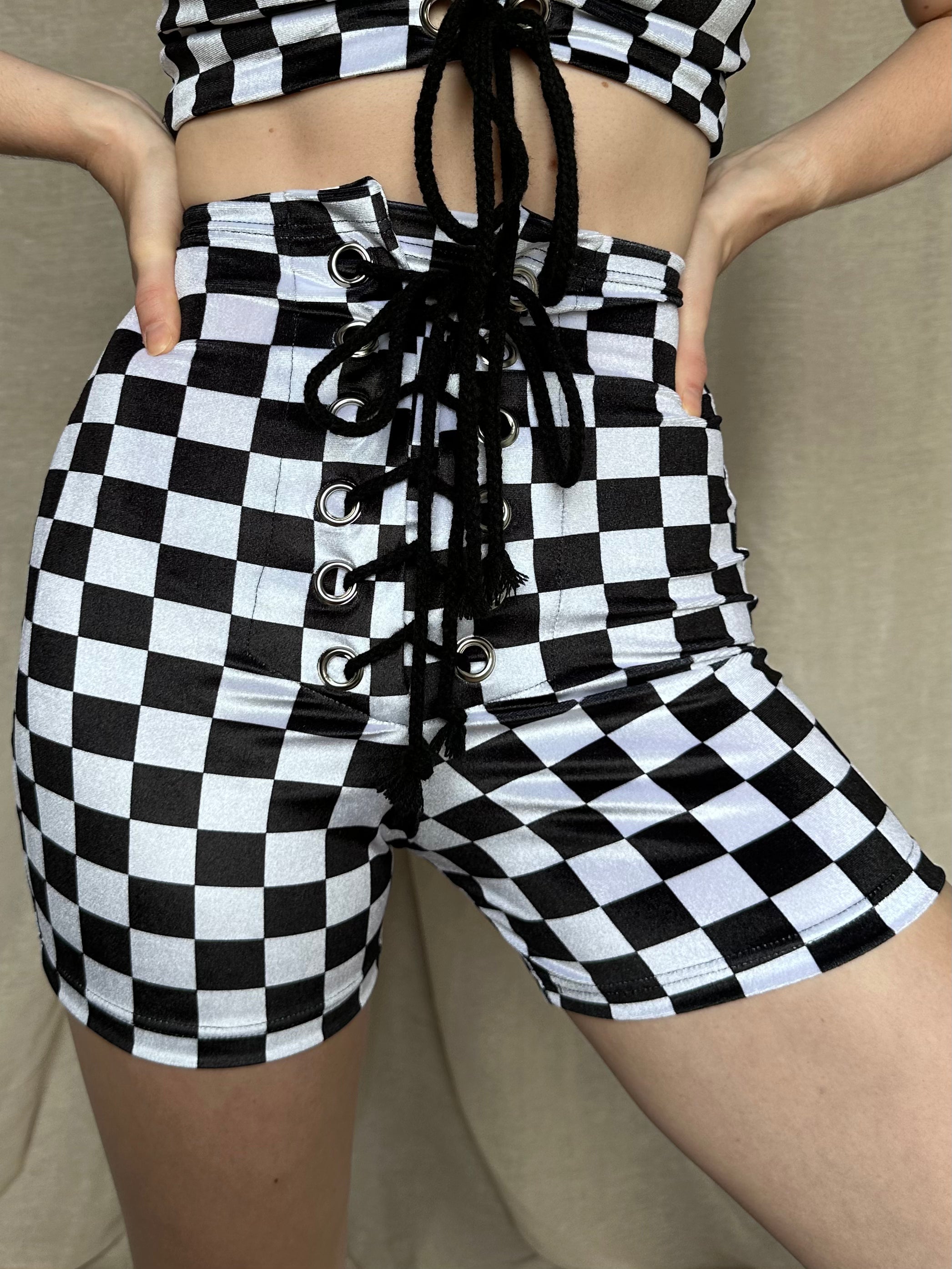 White and sales black checkered shorts