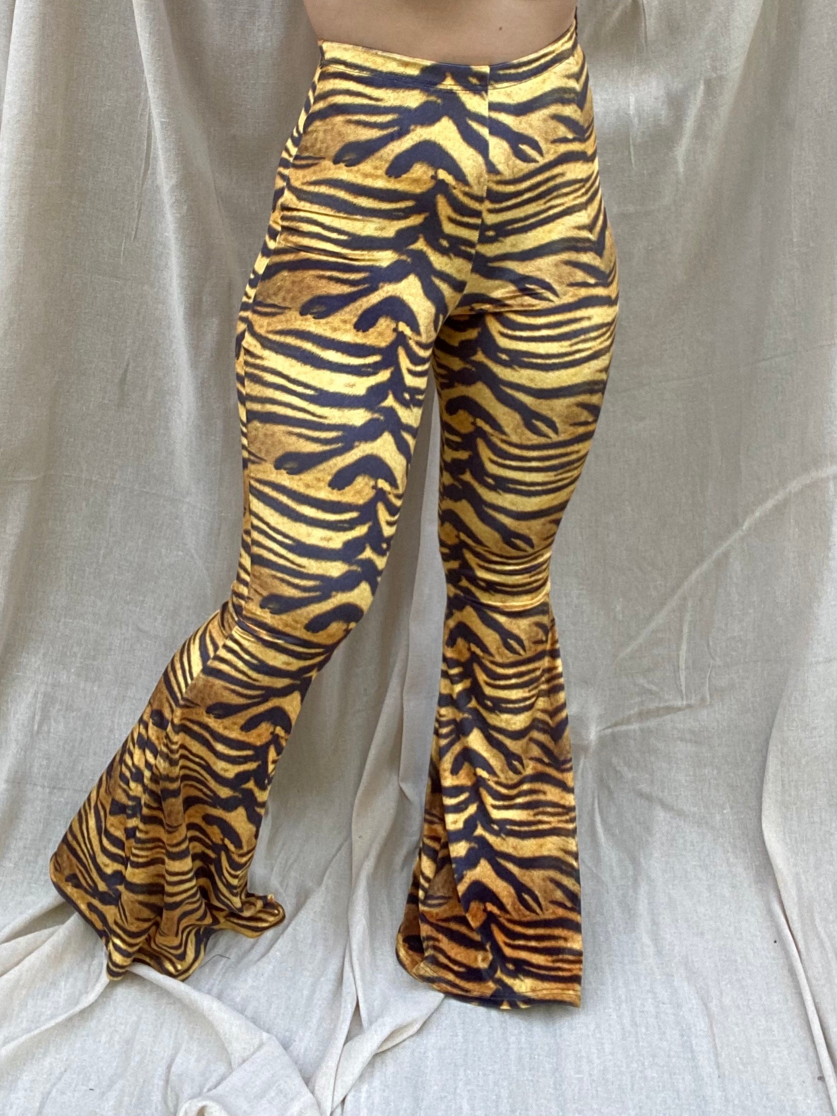 Tiger Velvet Flare Pants, Velvet Bell Bottoms, Tiger Bell Bottoms