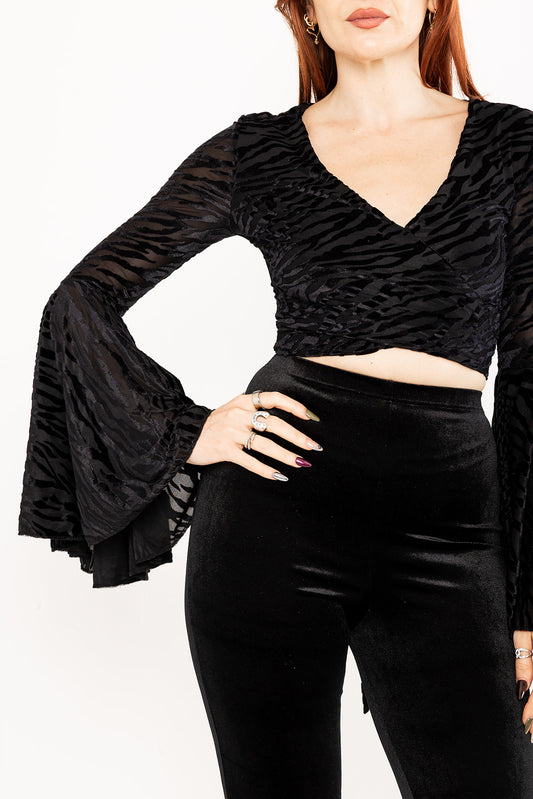 Bell sleeve wrap top - Zebra burn-out - Black