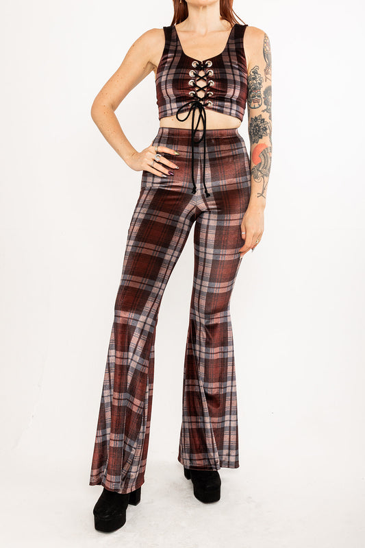 Flared Trousers - Tartan - Brown