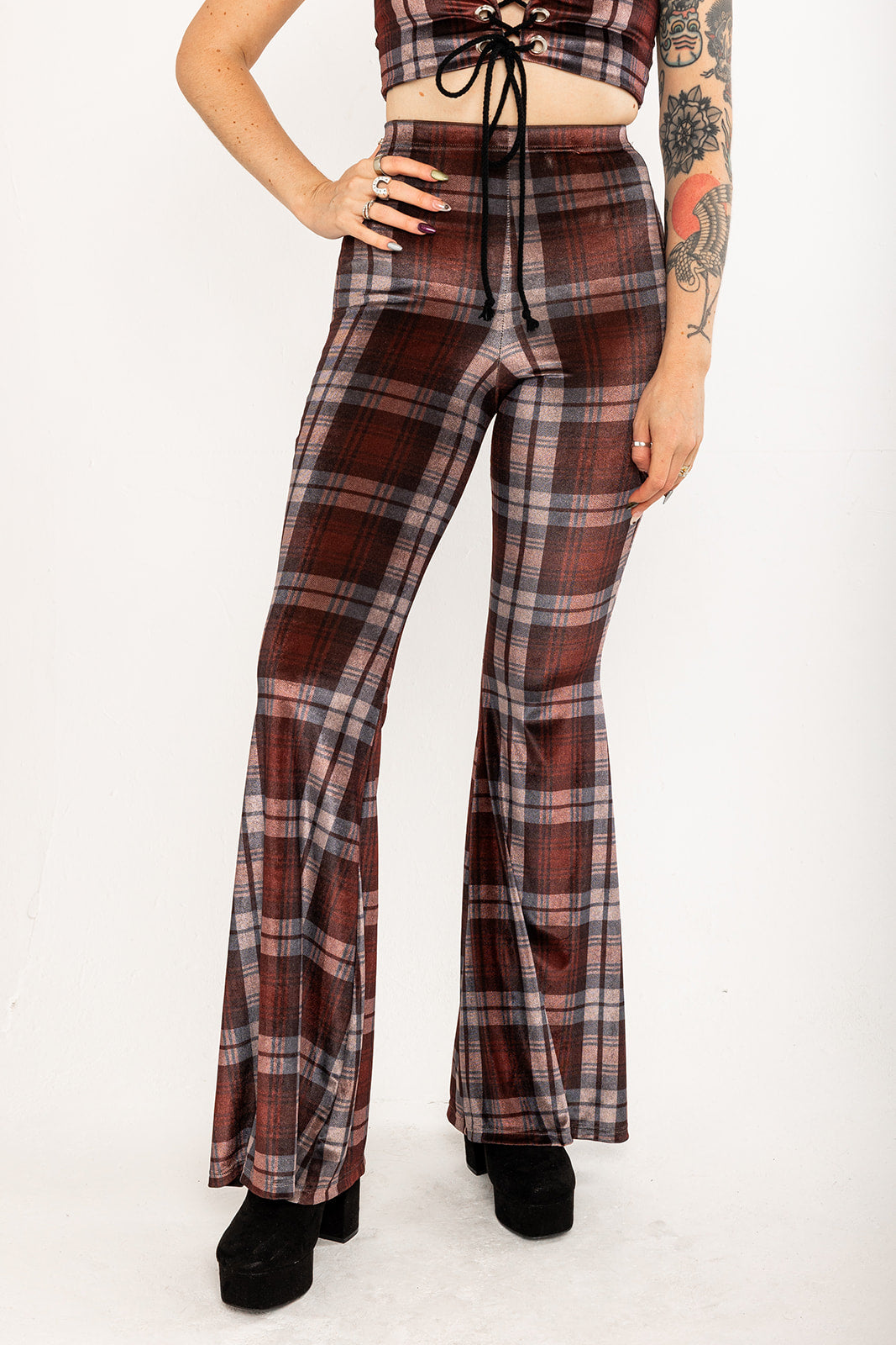 Flared Trousers - Tartan - Brown
