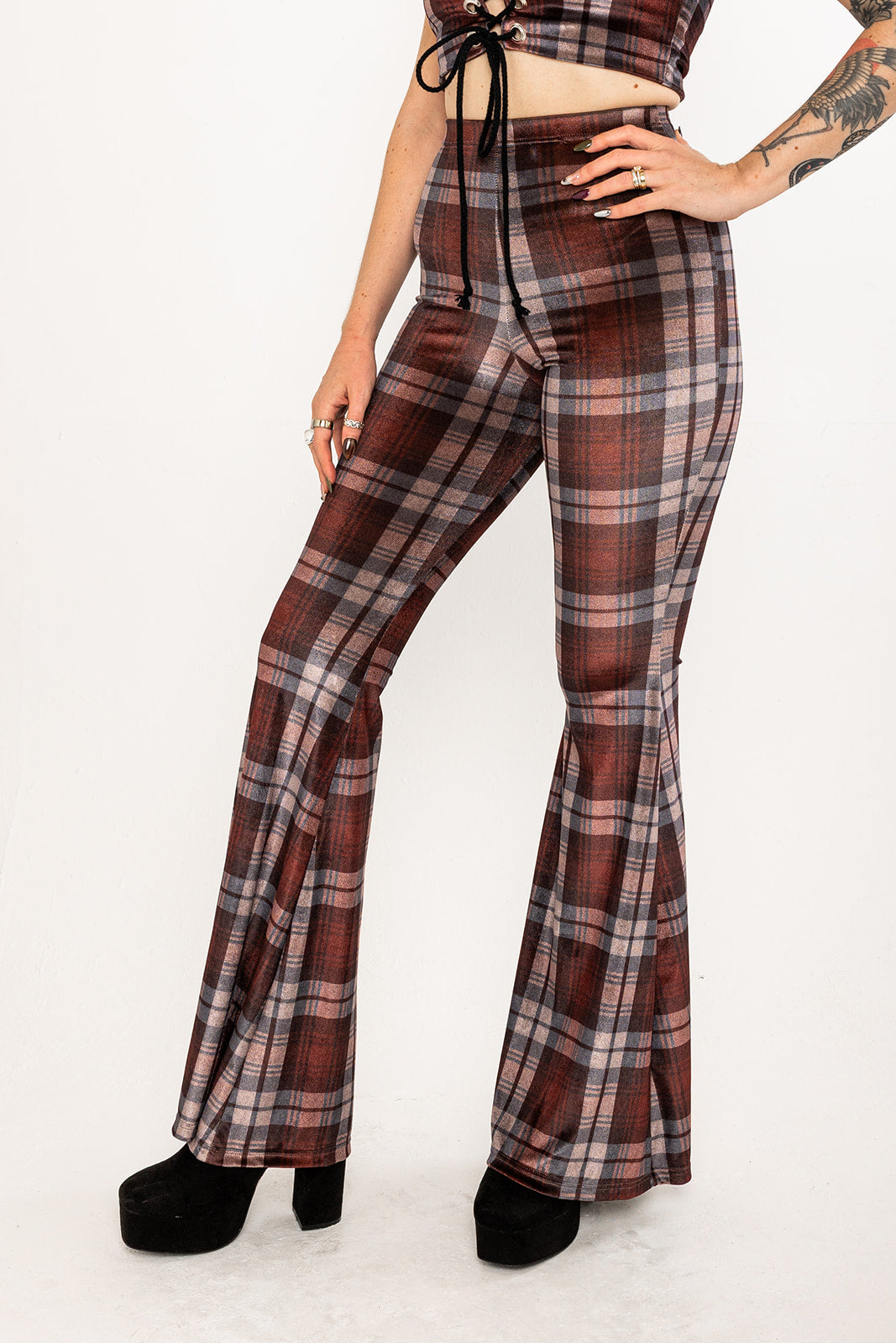 Flared Trousers - Tartan - Brown