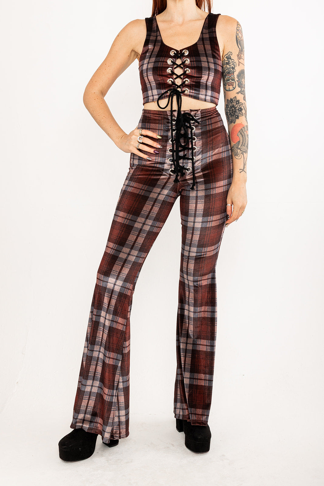 Stevie Flared Trousers - Tartan - Brown