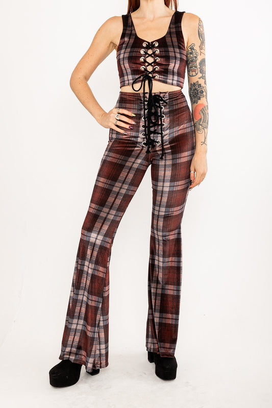 Stevie Flared Trousers - Tartan - Brown
