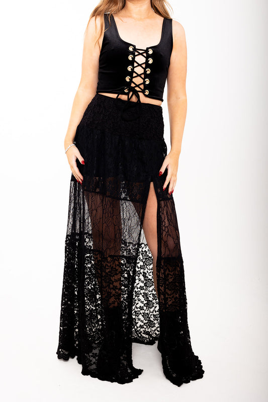 Tiered Lace Maxi Skirt - Black