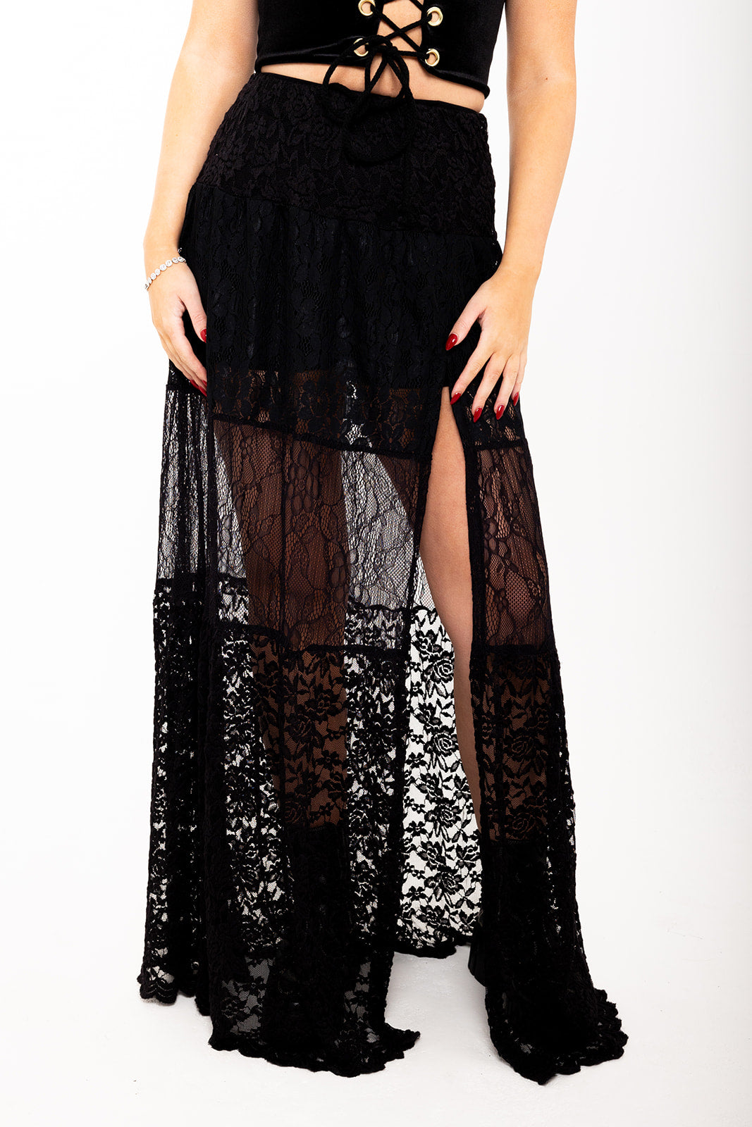 Tiered Lace Maxi Skirt - Black