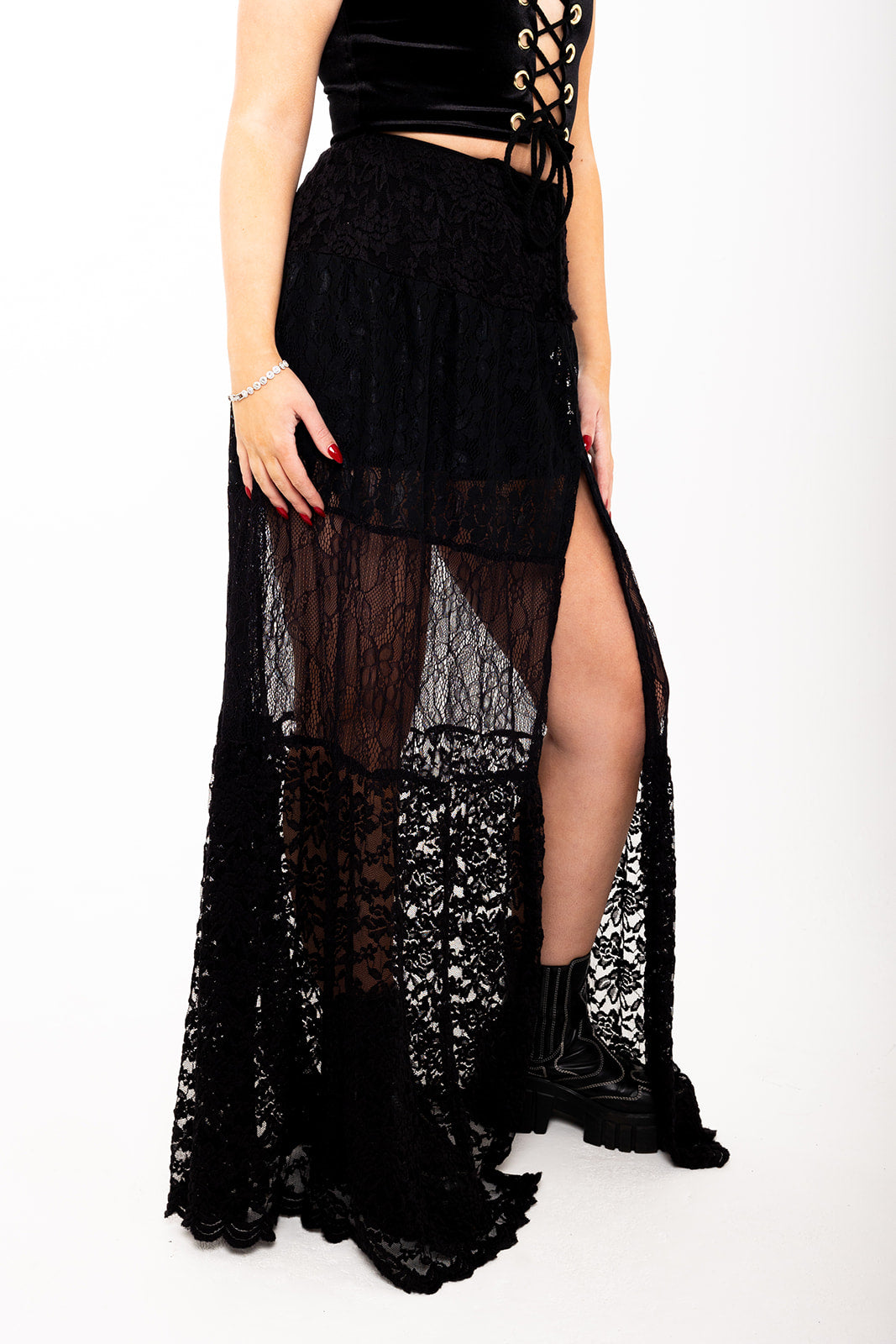 Tiered Lace Maxi Skirt - Black