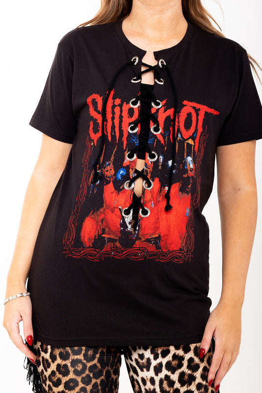 Slipknot  - Black - Band frame Red / Blue - Lace Up T-shirt