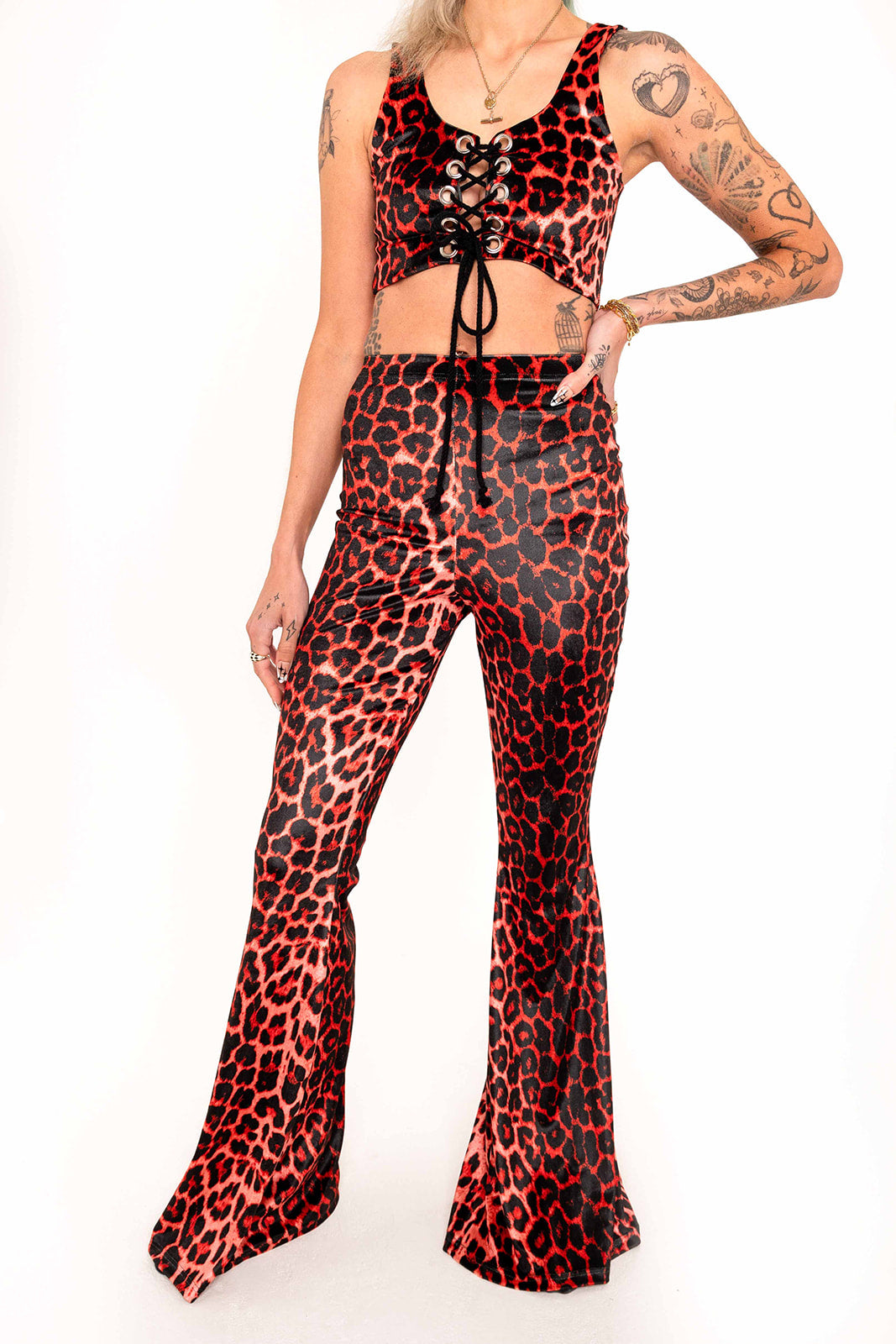 Flared Trousers - Red Leopard