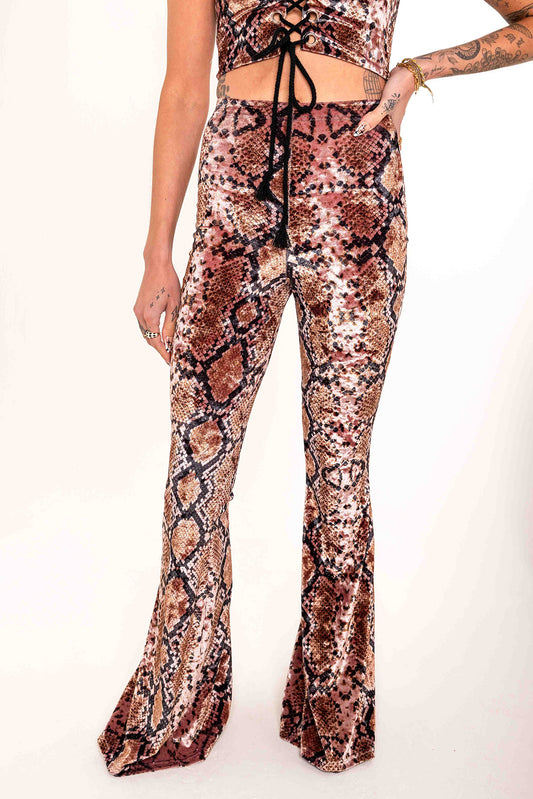 Flared Trousers - Crushed Velvet - Dusky Pink Serpent