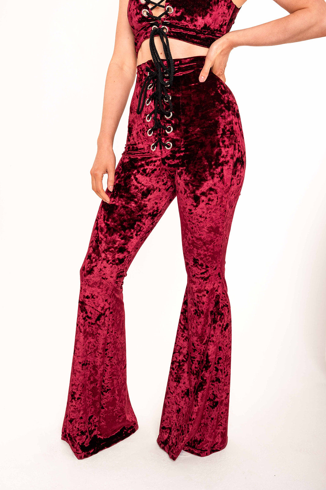 Stevie Flared Trousers - Crushed Velvet - Wine