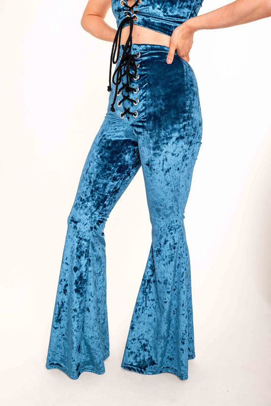 Stevie Flared Trousers - Crushed Velvet - Teal