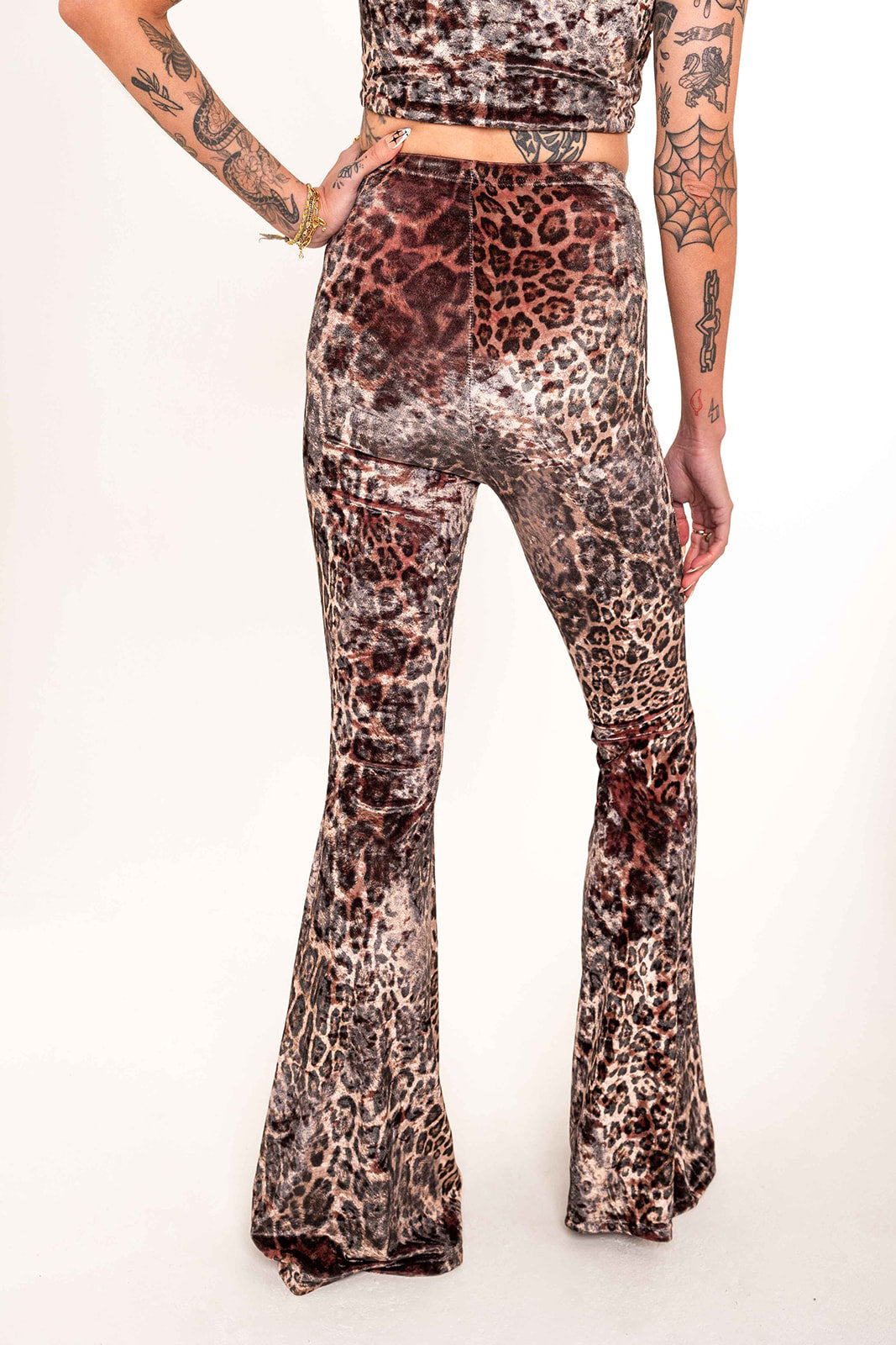 Flared Trousers - Crushed Velvet - Dusky Pink Leopard