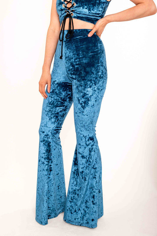 Flared Trousers - Crushed Velvet - Teal