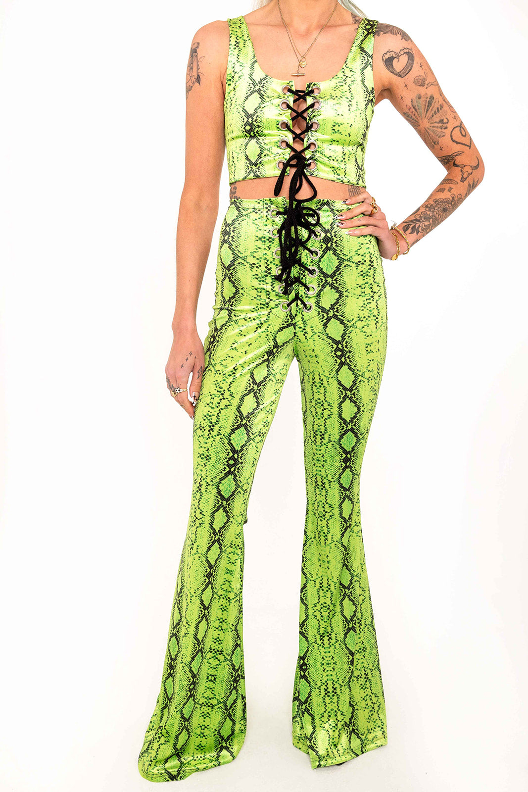 Stevie Flared Trousers - Lime Serpent