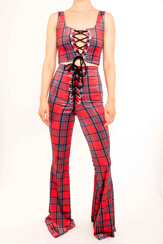Stevie Flared Trousers - Tartan - Red