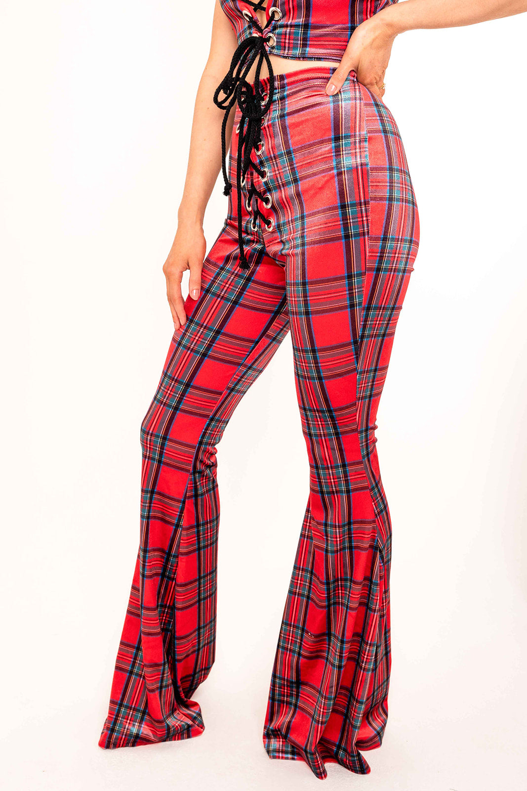 Stevie Flared Trousers - Tartan - Red