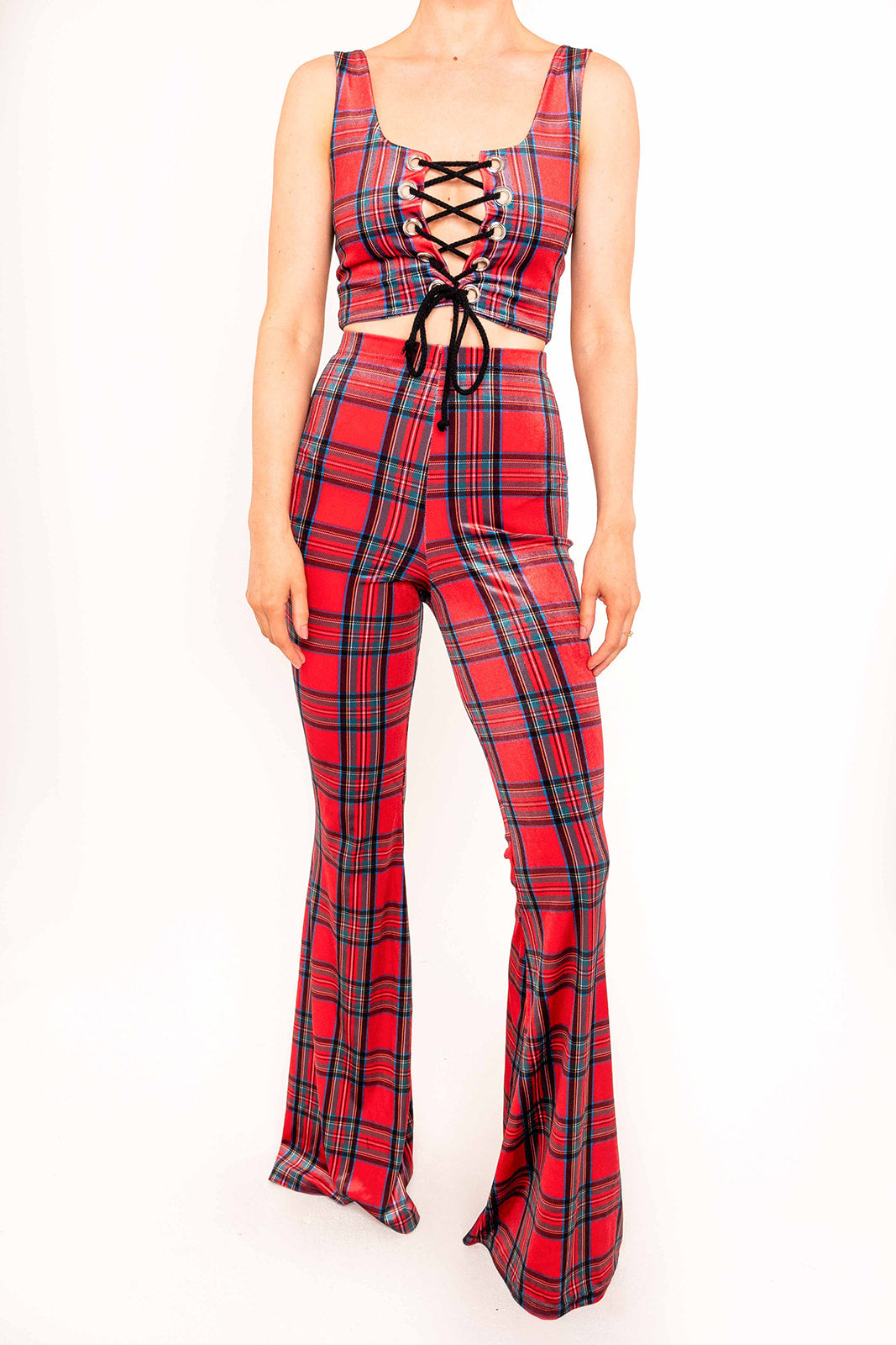 Flared Trousers - Tartan - Red
