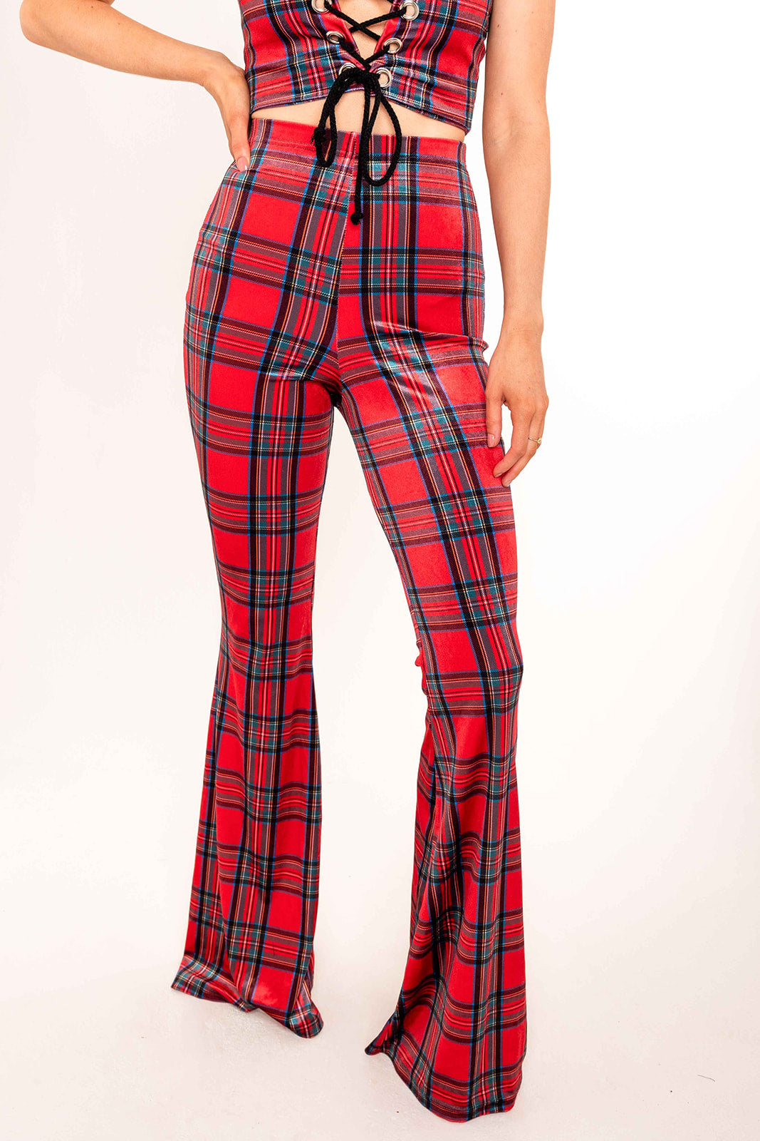 Flared Trousers - Tartan - Red
