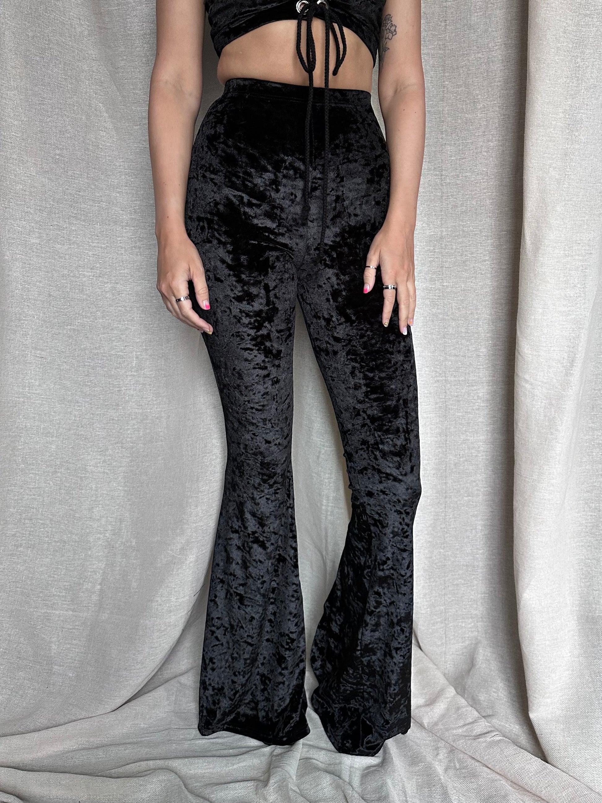 Flared Trousers - Crushed Velvet - Black