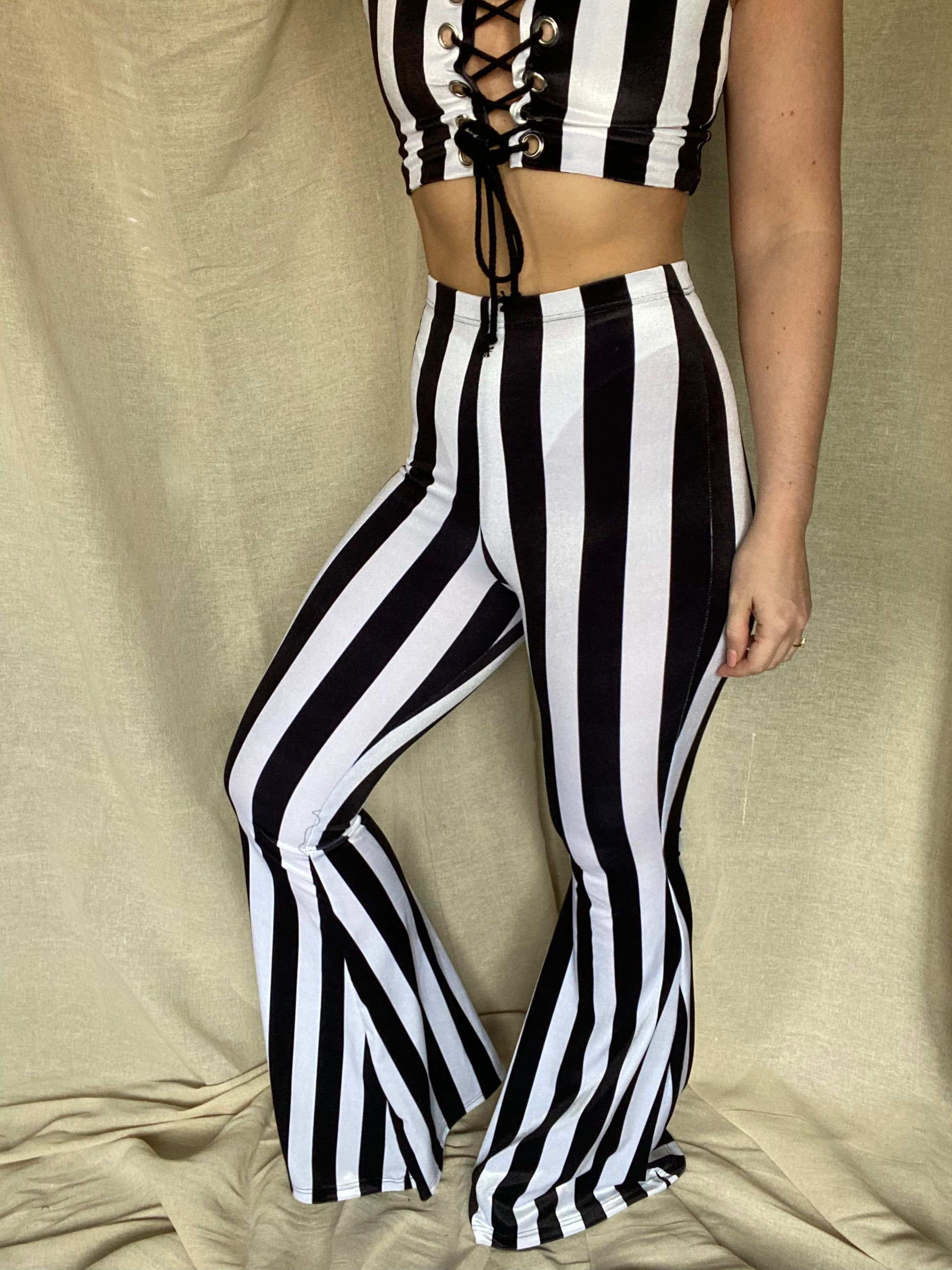 Black and white striped flare pants online