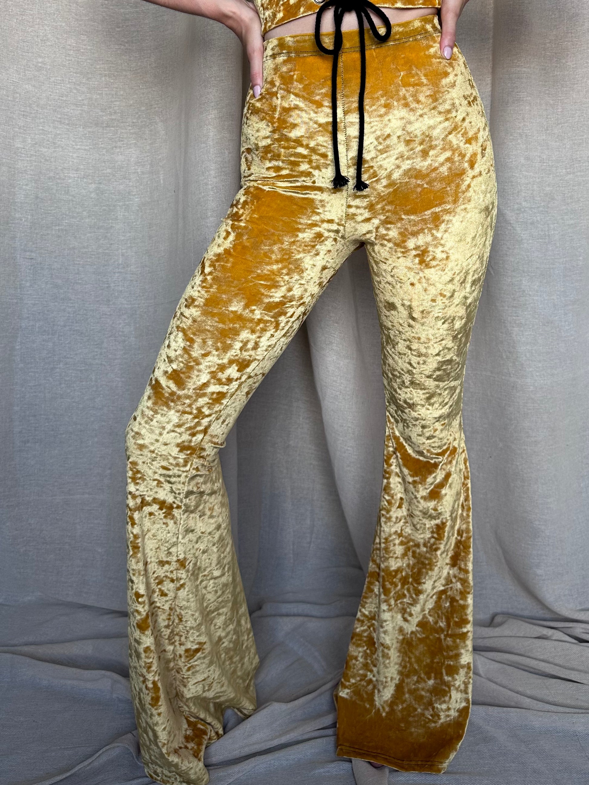 Flared Trousers - Crushed Velvet - Mustard